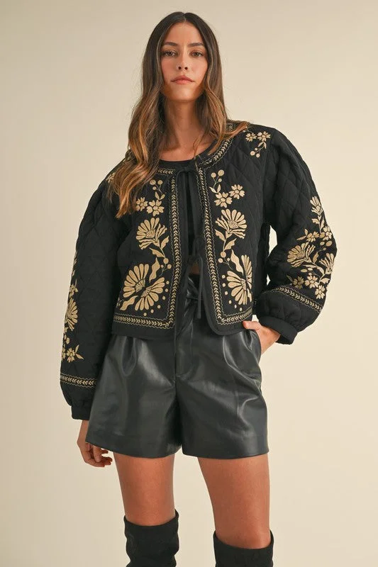 Lena Long Sleeve Floral Embroidered Front Tie Quilted Shacket Black